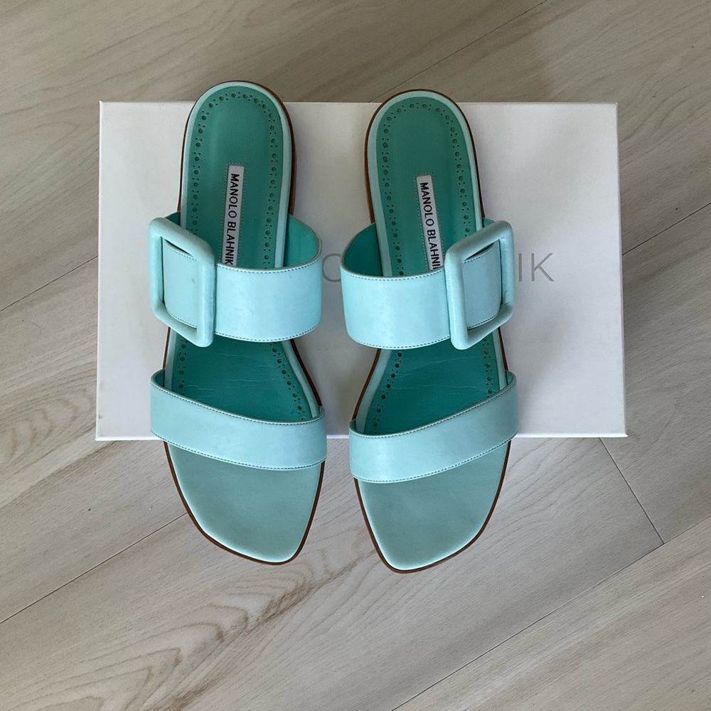 Manolo Blahnik Light Blue Buckle Sandals - Picture 5 of 6